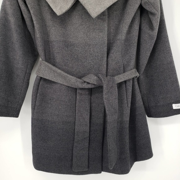 Calvin Klein Wool Blend Wrap Coat 8 Belted Long Sleeve Ombre Pattern Gray Black - Picture 6 of 11